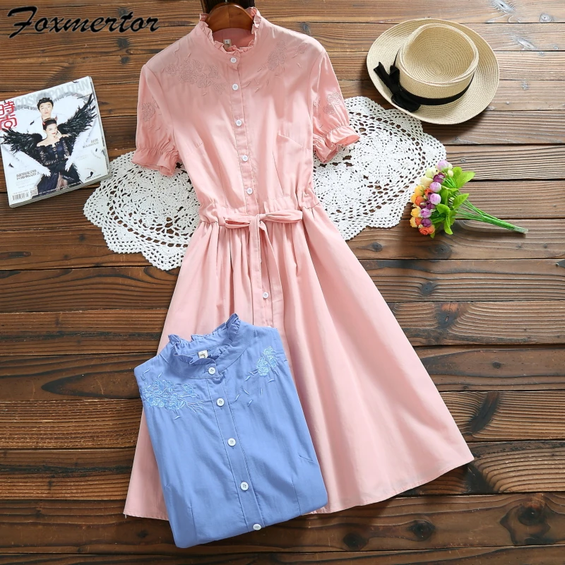 

2018 Summer Women Floral Embroidery Dress Ruffled Collar Short Sleeve Vintage Elegant Dresses Mujer Vestido Solid E134