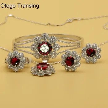 

Otogo Transing 2019 Party Silver Color Jewelry Set Charm Women Fashion Red Crystal Ring Earrings Necklace Bracelet Mark-SET208