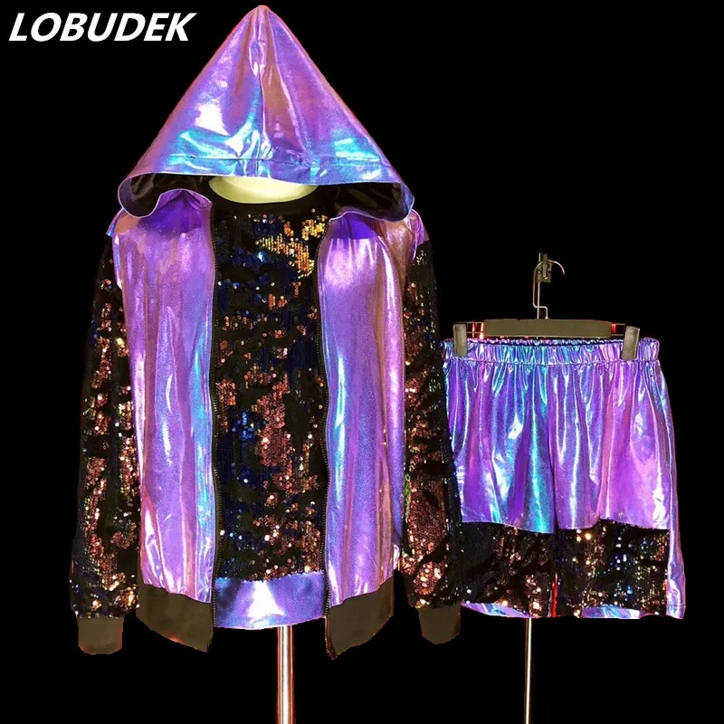 

Flashing Sequins Purple HIP HOP Baseball Uniform Performance Suit Nightclub Tide Men's Singer Dancer Stage Outfits Rock Show