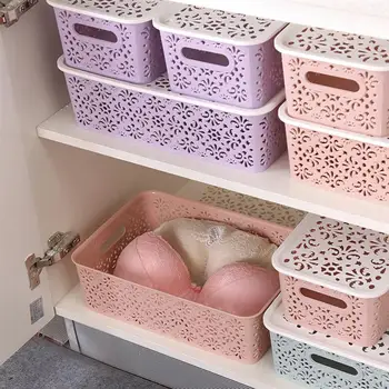 

Stackable Plastic Storage Box Hollow Out Delicate Retro Pattern Storage Basket with Lid for Clothes Cosmetics Papers Toys