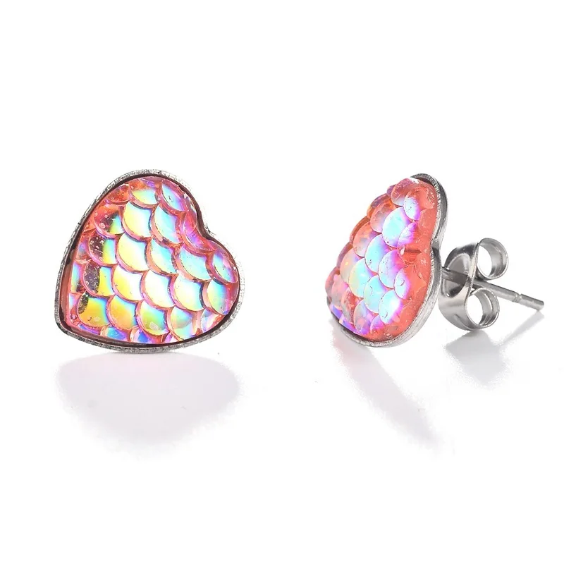 

Fashion Multicolor Heart Mermaid Stud Earrings Silver Color Fish Scale Shape Charm Earrings Brincos For Women Jewelry Bijoux