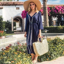 Vestido largo de playa de verano de Vikionfly para mujer con encaje bordado caftán túnica femenina Bikini azul traje de baño monos(China)