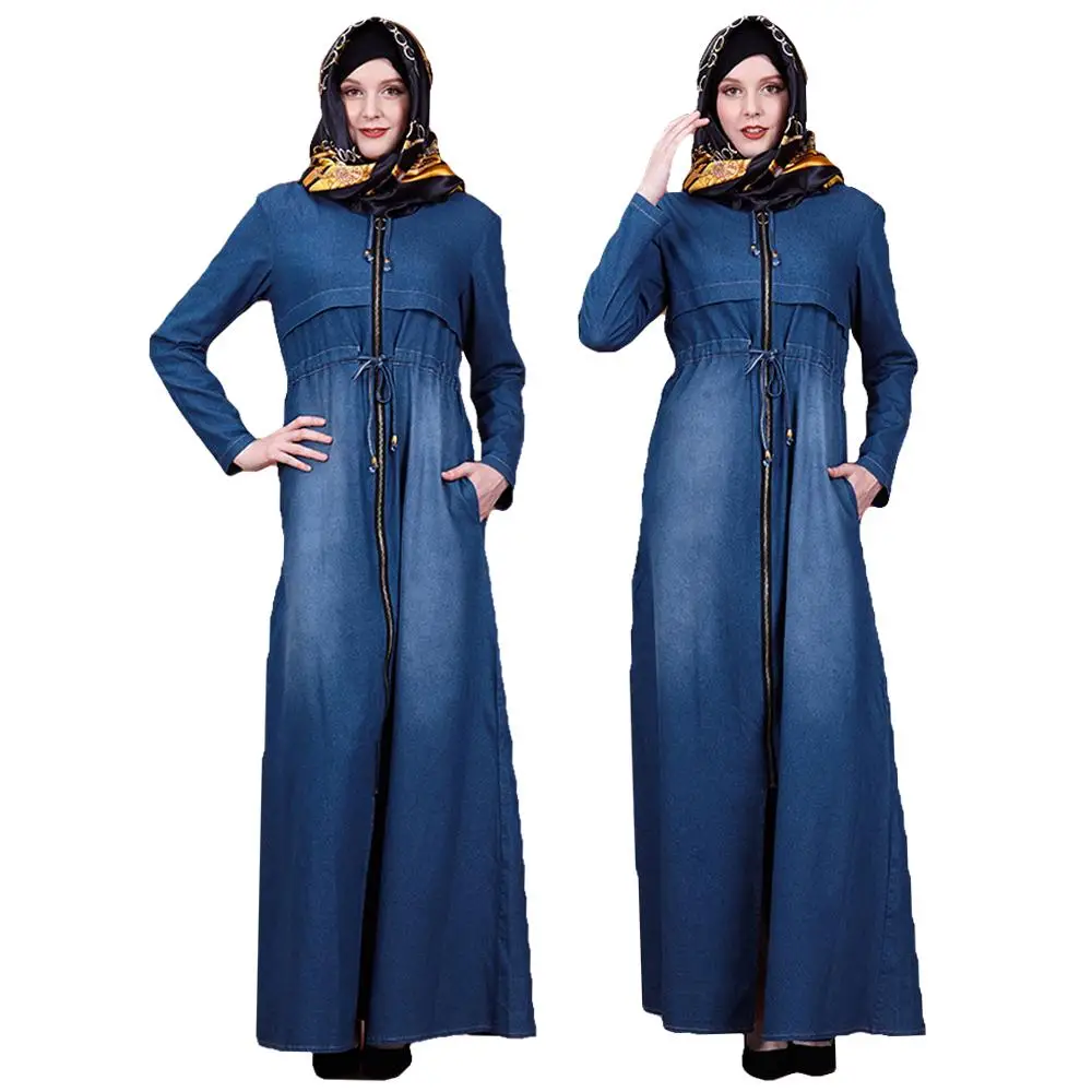 

New Denim Hooded Long Maxi Dress For Women Muslim Abaya Zipper Robe Gown Islamic Kaftan Jilbab Casual Dress Pockets 2019 Autumn