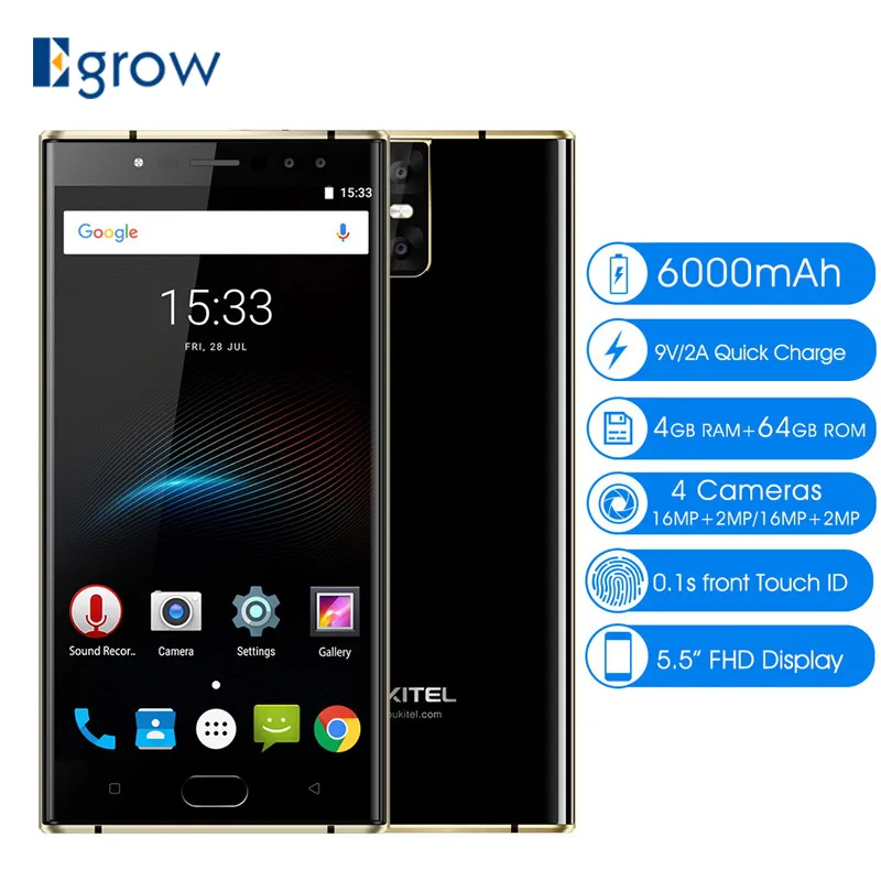 Восстановленное Oukitel K3 16MP + 2MP 4 камеры мобильного телефона MT6750T Octa Core GB 64 сотовый