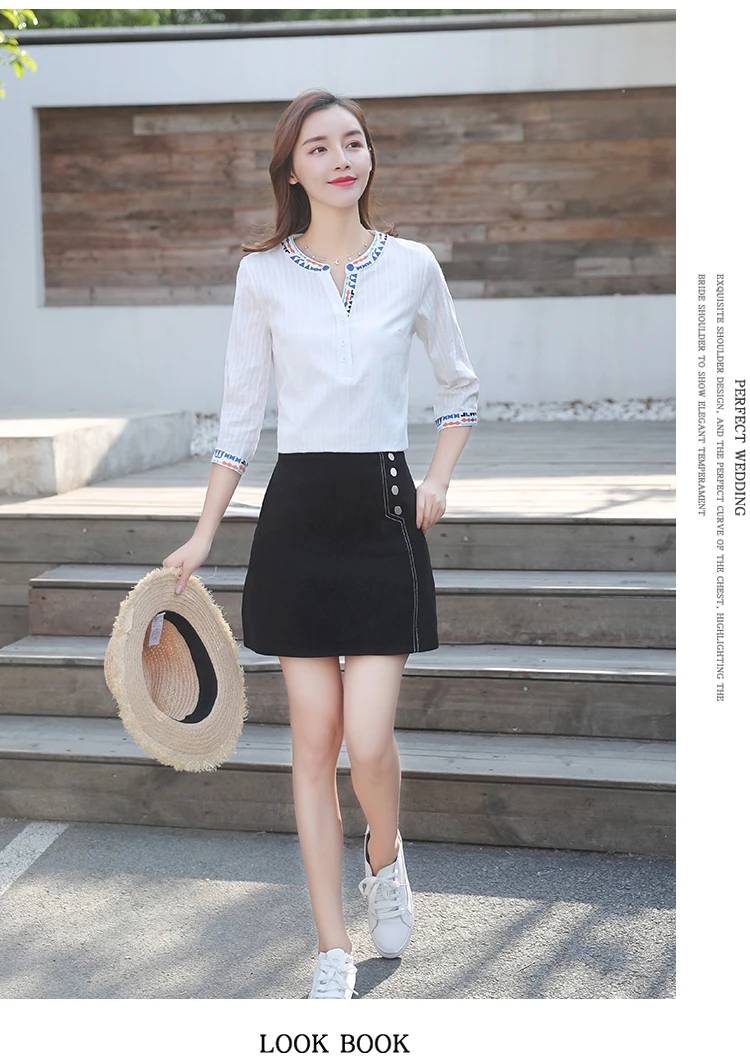 Летние белые офисные женская рубашка, блузка Мода вышитые Большие размеры женские топы v-образным Женская вырезом Одежда блузок D849 30