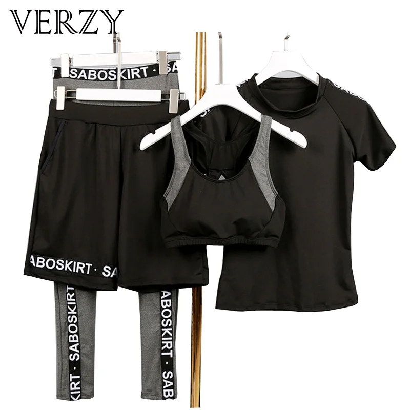 

Verzy Large Size Solid Letter Women Yoga Sets 4 Pieces Jogging Suit Fitness Breathable Sportswear Outdoor 4 Colors Gym Exercise