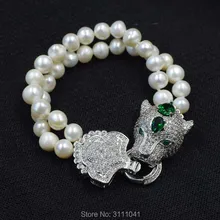 2 ряда пресноводный жемчуг Белый округлый 8-9 мм и зеленый Леопард застежка браслет 8 дюймов бусины природа ручной работы