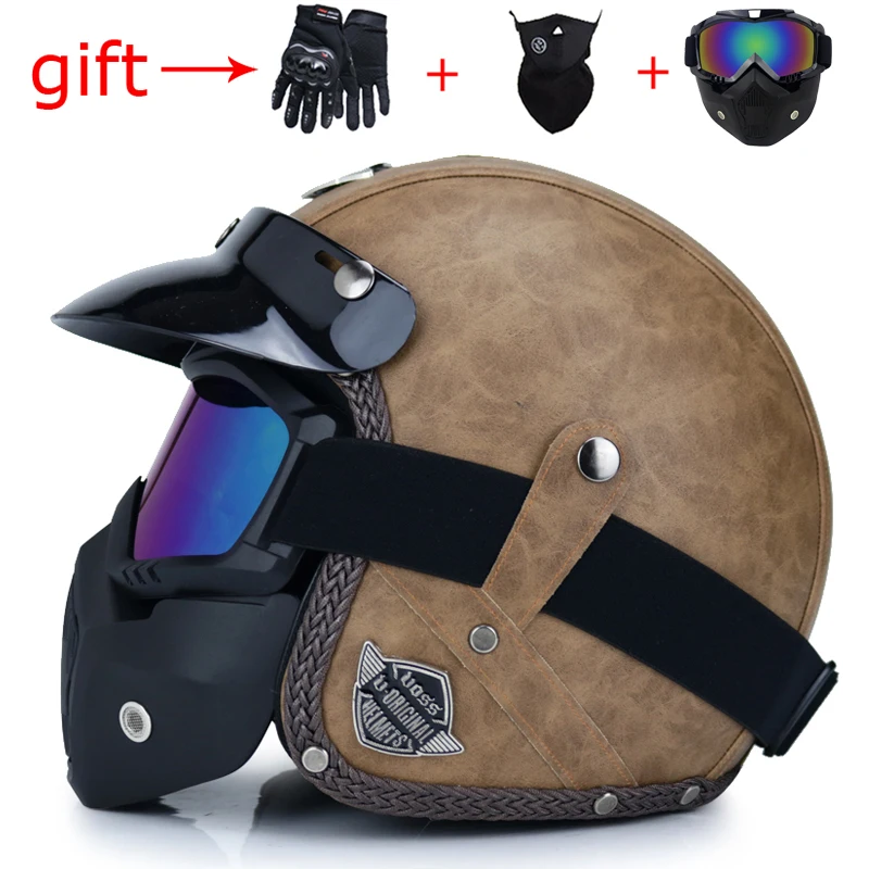 VOSS последний Ретро мотоциклетный шлем из искусственной кожи с открытым лицом 3/4 велосипед-чоппер шлем емкость с очками маска точка одобрено - Цвет: 8a