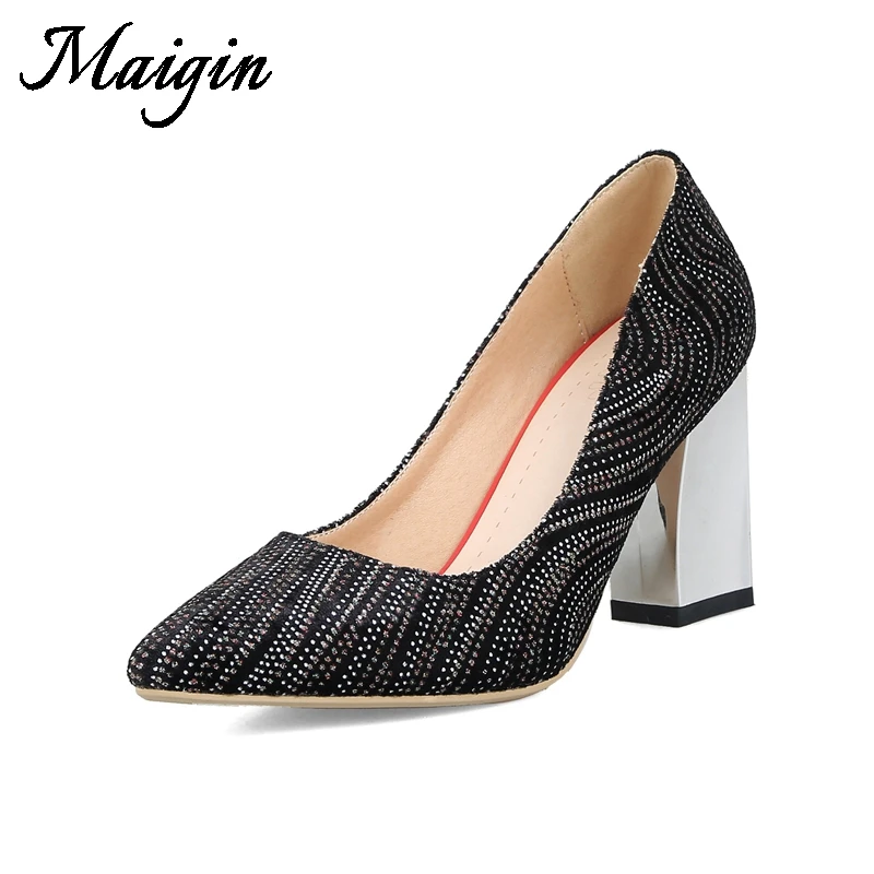 Maigin Big Size 10 Women Pumps Pointed Toe Block Heels Ladies Shoes 2018 Newest Crystal Footwear High Heels Female zapatos