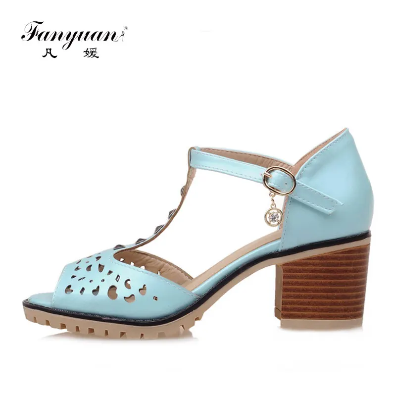 

Fanyuan Women Summer Shoes 2018 Rivet T-Strap High Heels Sandals Lady Hollow Chunky Heel Sandalias Mujer Party Shoes Size 33-43