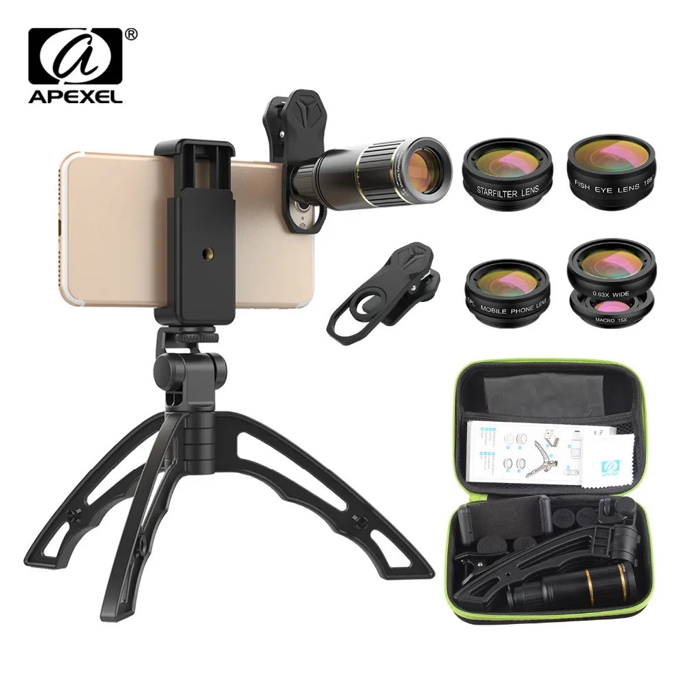 

APEXEL Phone Camera Lens Kit Optical Metal 16x Telescope telephoto lens+selfie tripod+5 in 1 lens for Samsung iphone all smartph