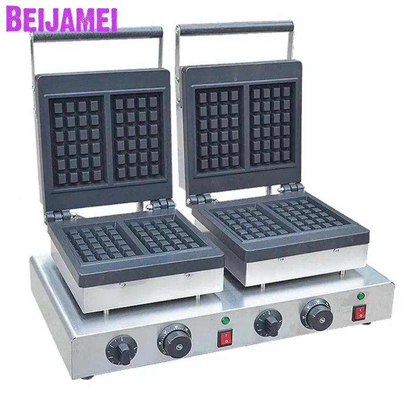 

BEIJAMEI Snake Equipment Electric Belgium Waffle Iron Machine Commercial Double Head Square Belgian Waffle Making Machine