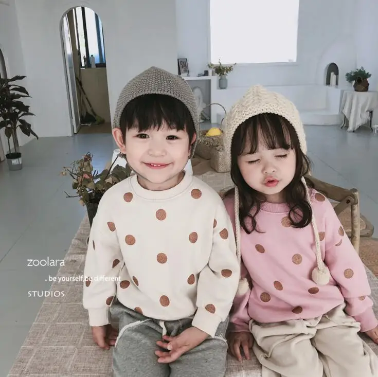 

2019 new girls boys dots t-shirt autumn full sleeve cotton soft fashion kids sweatshirt 3-8t HW178