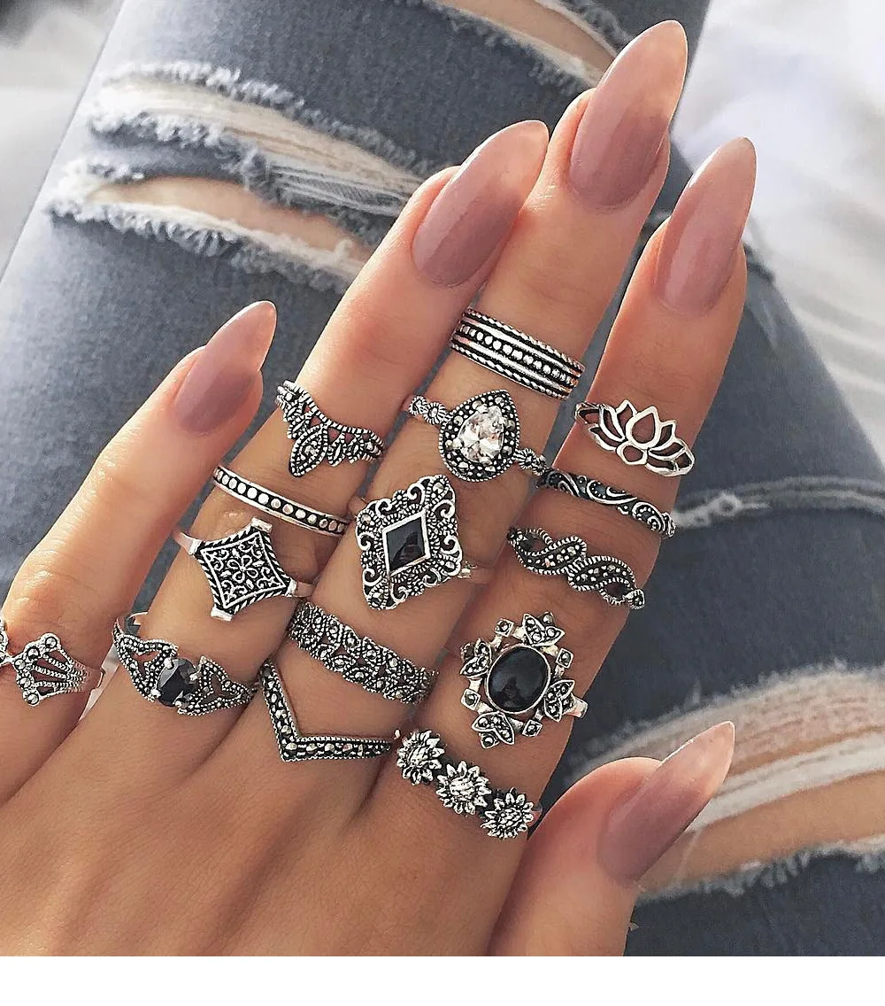 NDFSOUL-KR07 15 шт./компл. модный винтажный набор колец Femme Stone Silver Midi Finger Rings Boho женское Ювелирное кольцо набор ювелирных изделий