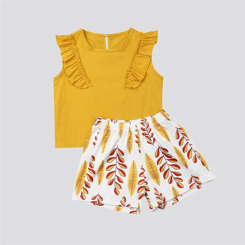 

PUDCOCO Newborn Kids Baby Girl Solid Sleeveless Ruffle Tops Leaves Print Shorts Pants Cool Summer Casual Clothes Set 2PCS 0-4Y