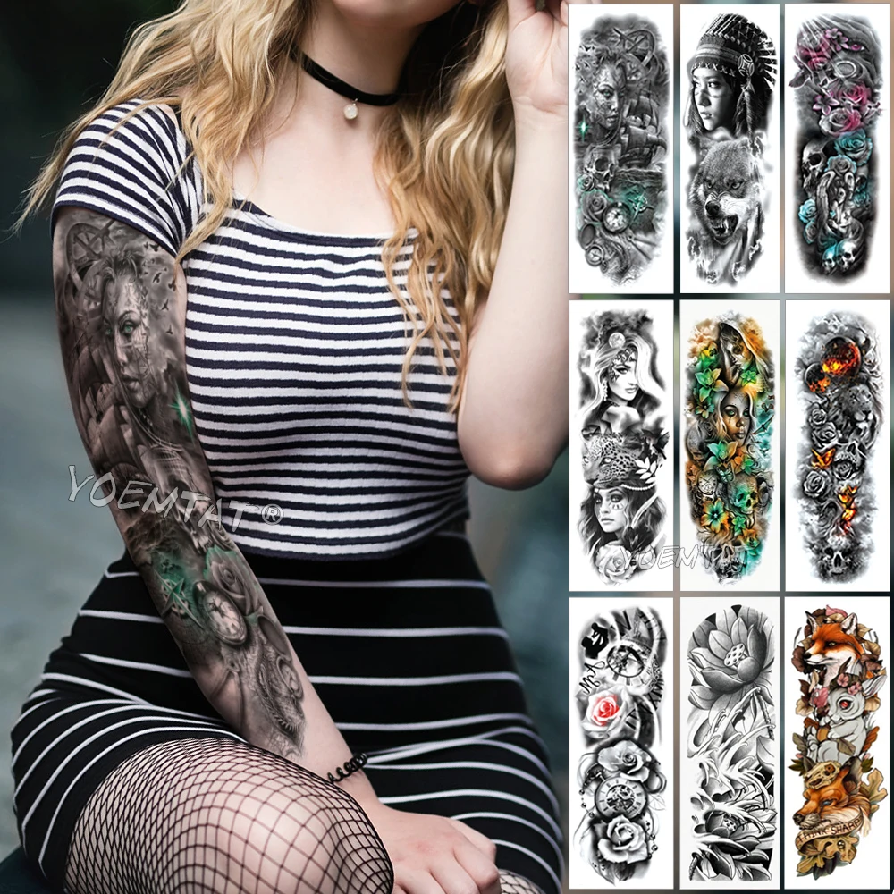 

Large Arm Sleeve Tattoo Compass Rudder Waterproof Temporary Tattoo Sticker Boat Ocean Men Full Bird Skull Tatoo Women