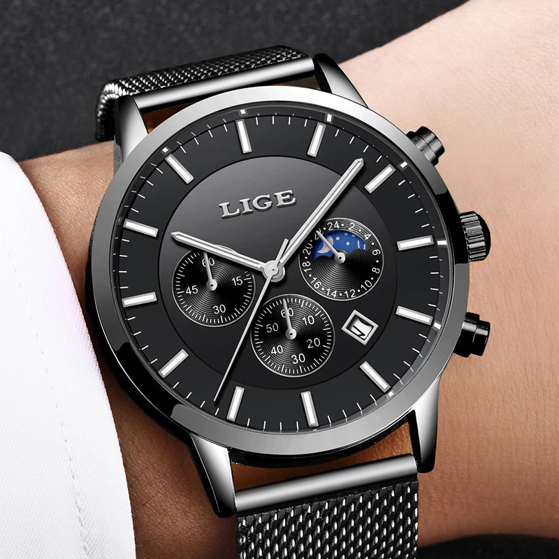 New Men Watch LIGE Mens Watches Top Brand Luxury Quartz Wristwatch Men Full Steel Grid Casual Strap Waterproof Sport Chronograph