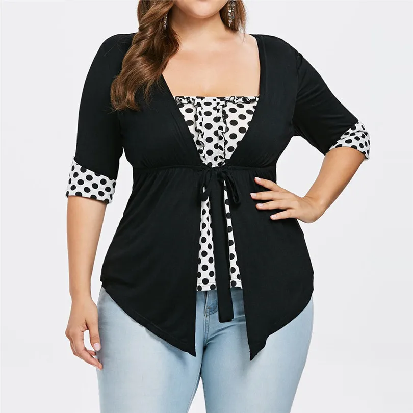 

KWAN_Vogue casual Plus Size Square Neck Polka Dot Ribbons Empire Waist T-shirt Tee womens tshirt femme womens t shirt tops#2