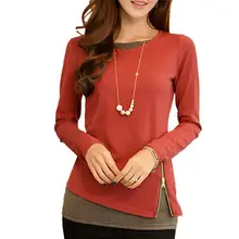 

Autumn Women Casual Slim Zipper T Shirt O-neck Long Sleeve Fake Two Pieces Vintage Tops decoration Tees Orange High Quality