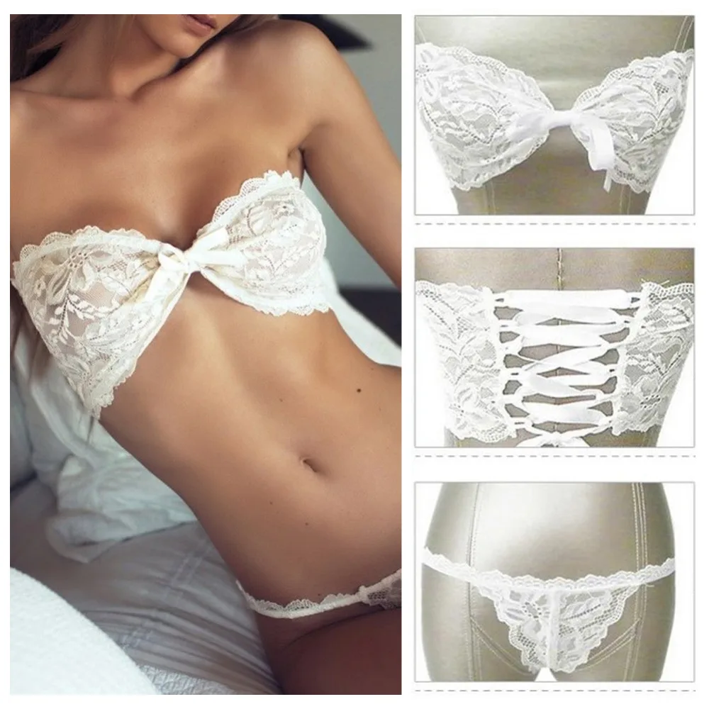 

Women Lingerie Bras And Panty Set Bow Strapless Lace Bandage Transparent Lace Crotchet Tank Tops Summer Sexy Bralette Set 2019