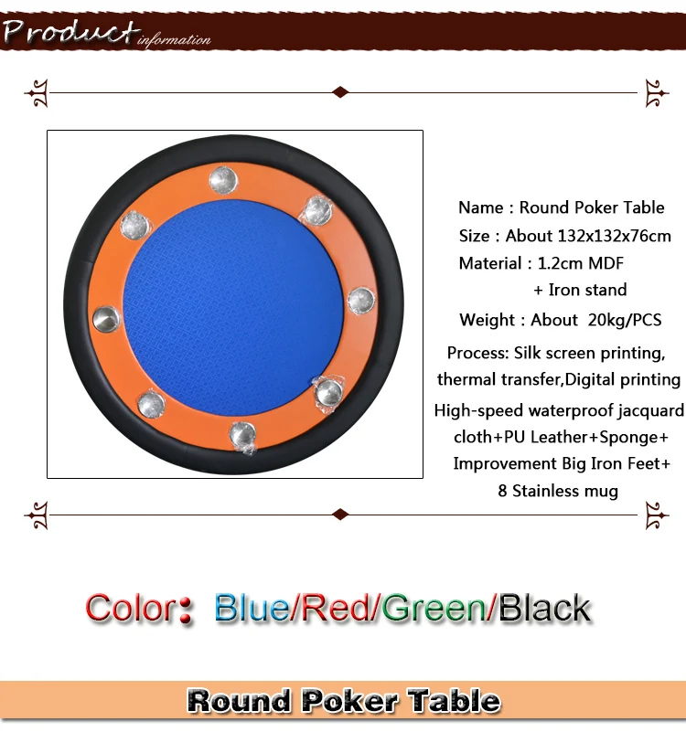 132*132*76cm 4colors Red/Blue/Green/Black Casino Foldable Poker Table Texas Hold'em Baccarat Round Tbale with 8 players