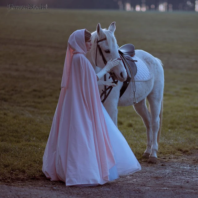 Reviews Pink Chiffon Cinderella Medieval Cloak Bridal Cape Cloak Winter Wedding Fairy Tale Renaissance Wrap with hood  DJ034