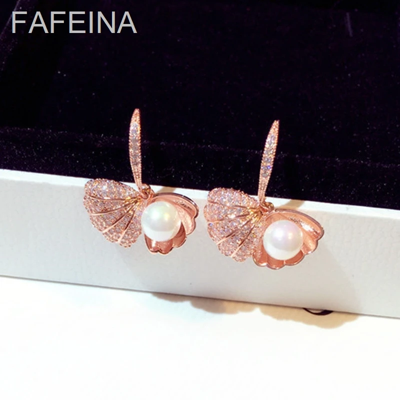 

FAFEINA New Hanging Earrings Hoop Earrigs For Women Rose Gold And Silver Color Shell Simulated Pearl Rhinestone Earrings women