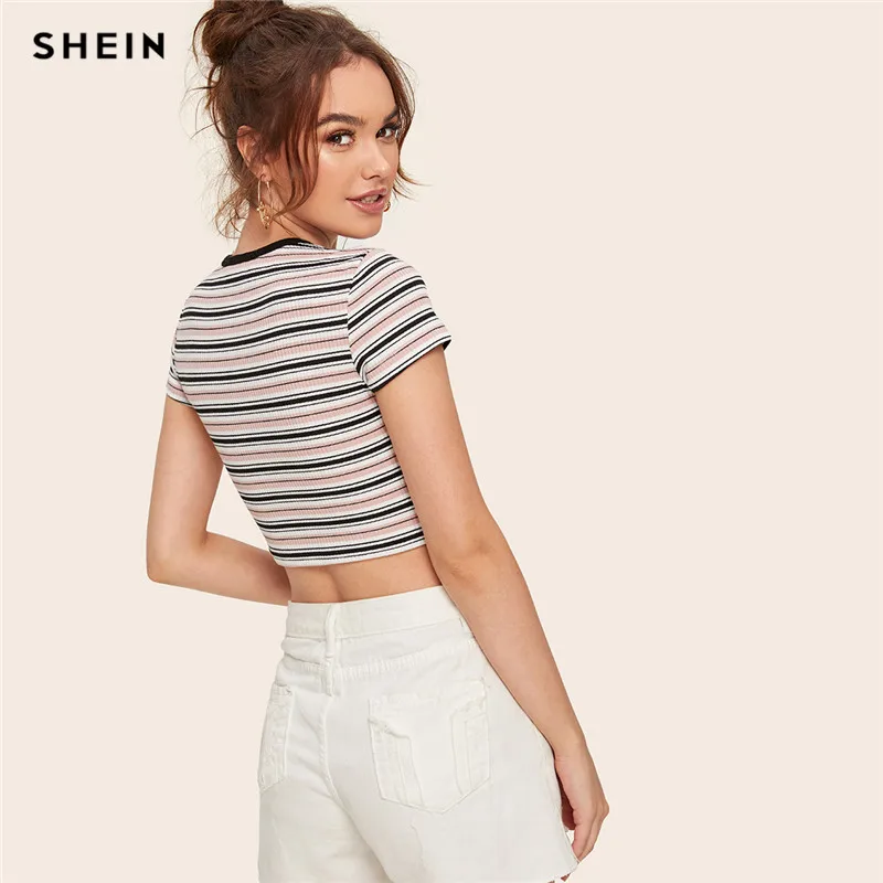 Женская футболка в полоску SHEIN, обтягивающая футболка с коротким рукавом и круглой шеей Женская футболка в полоску SHEIN, обтягивающая футболка с коротким рукавом и круглой шеей