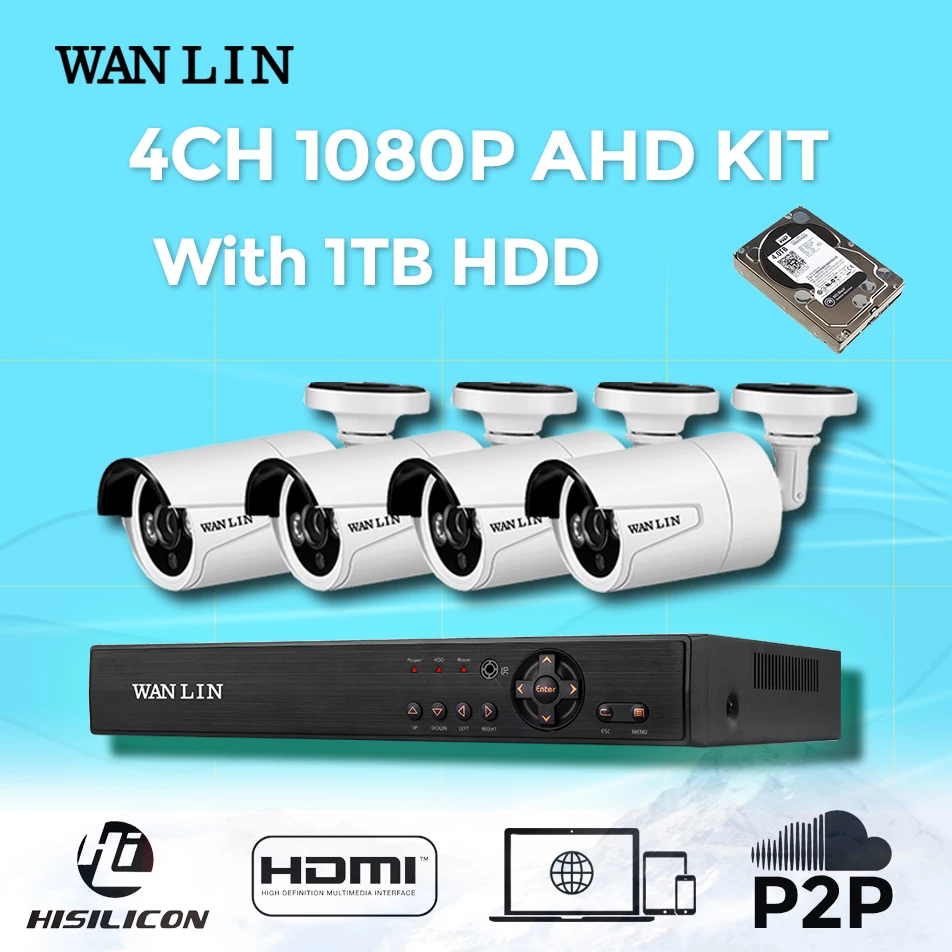  WANLIN CCTV System 4CH 1080P AHD DVR Kit 4PCS Waterproof Outdoor 2.0MP AHD Security Cameras IR Array CCTV System with HDD 