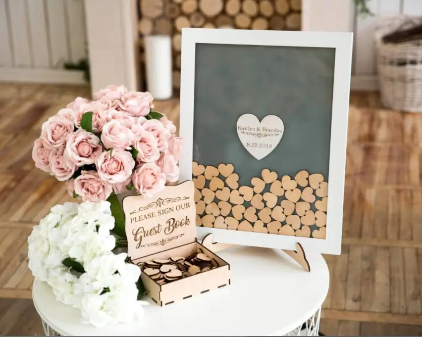 

Customize any names text Drop Top Guestbook White Frame Personalised Wedding guest book alternative wooden Heart Guest book