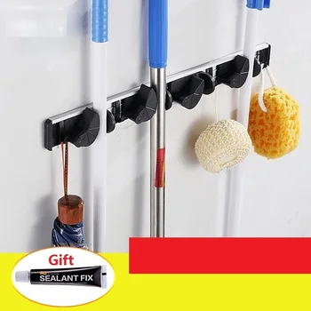 

Punch Free Mop Holder Frame Wall Organizer Multifunctional Bathroom Kitchen Hooks For Hanging Aluminum Wall Broom Hanger