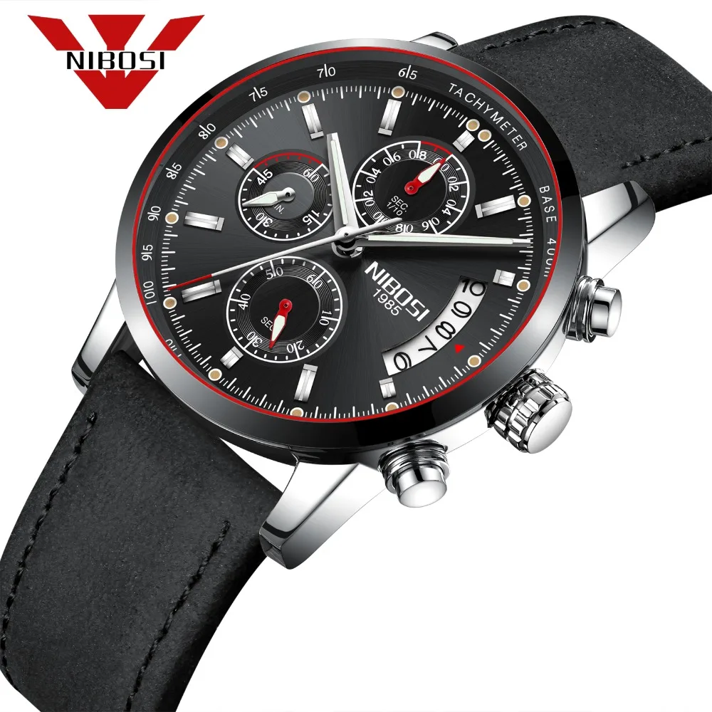 Meilleur NIBOSI hommes sport montres vente Chaude 3ATM étanche quartz Tout Noir en cuir montre Relogio Masculino