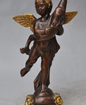 

10" old china fengshui Bronze Gilt lions fish fly Wing boy lad lucky Statue Art