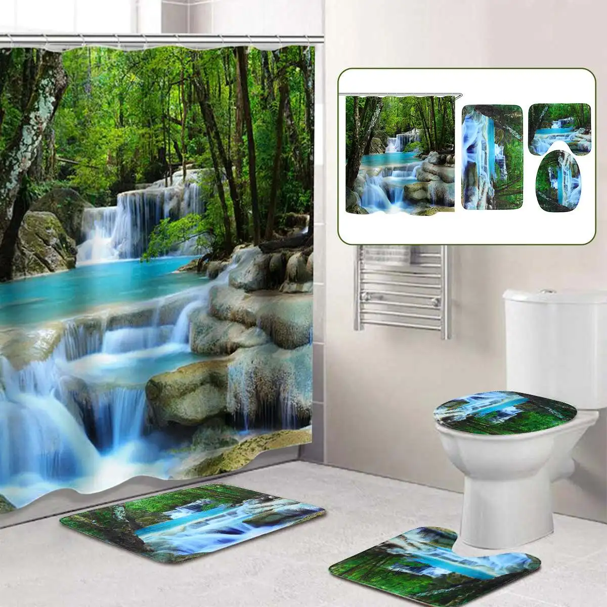 3D водопад пейзаж водонепроницаемый занавеска для душа для ванной Пейзаж Деревья цветок коврик для ванной комплект пьедестал коврик крышка Туалет крышка - Цвет: C set