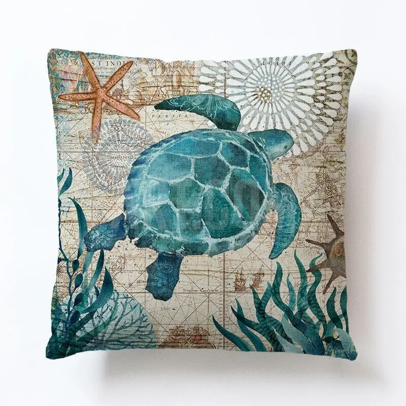 Sea Turtle Printed Starfish Cushion Cover 45x45cm Hot Linen Conch Throw Pillow Cover Decorative Red Shrimp Hippocampus Pillows