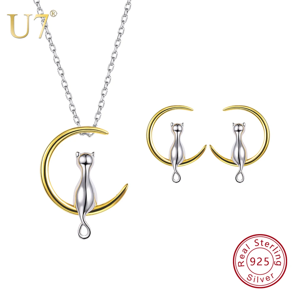 U7 925 Sterling Silver Cat Sit on Moon Necklace And Stud Earrings Set Birthday Valentine's/Mother's Day Gift for Girl/Women SC89
