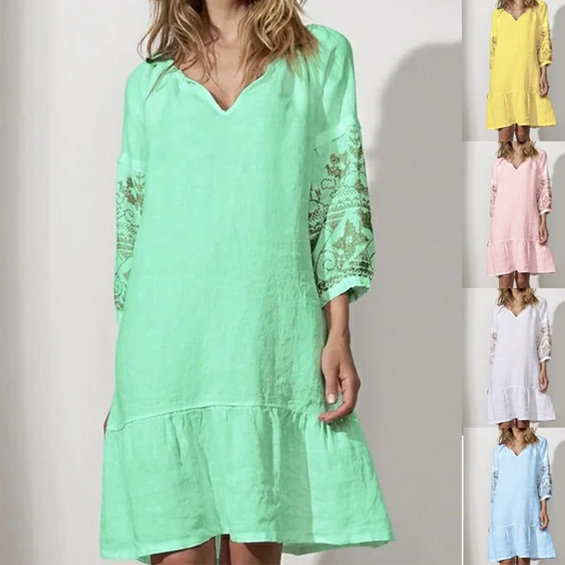 

V Neck Summer Women's Mini Dress Three Quarter Sleeve Boho Print Dresses 2019 Fashion Casual Loose Short Vestidos Plus Size