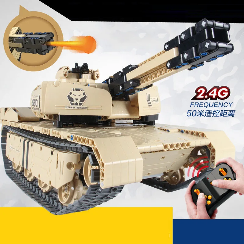

1276pcs Military Remote Control RC M1A2 Main Battle Tank 50M Distance Can Rotate Launch Building Block compatible with