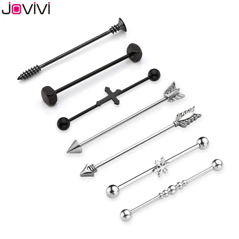 Jovivi 7/10 шт. 14G+ 16G Нержавеющая сталь Длинные Промышленные Штанги ушной хрящ Хеликс-раковины пирсинг Бар серьги-гвоздики 38/48/59 мм