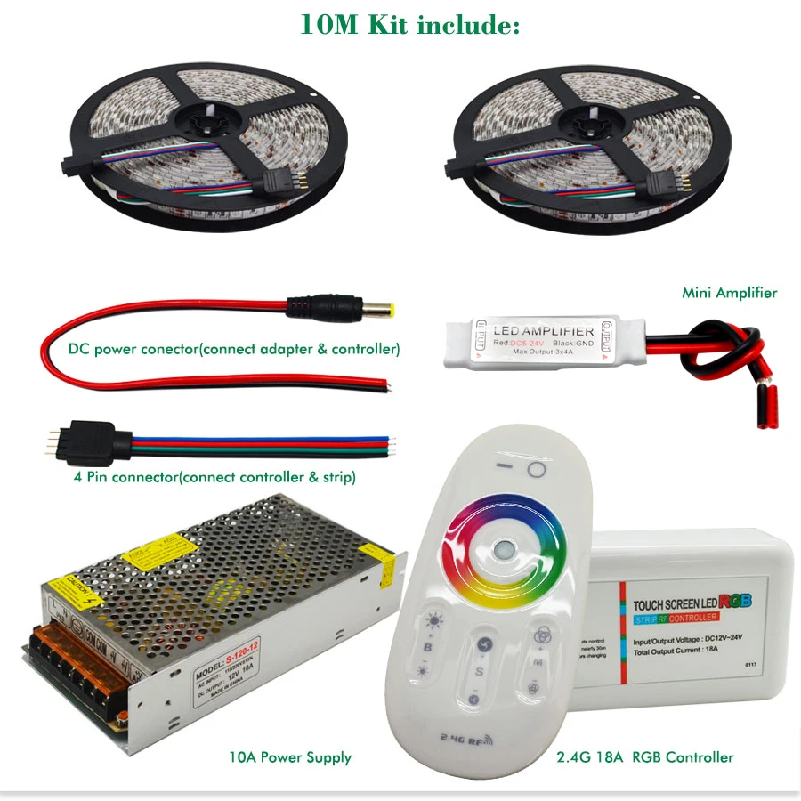 5 м 10 м 15 м 20 м 12 В постоянного тока Светодиодная лента 5050 SMD светодиодный гибкий светильник 60led/M+ 2,4G RF пульт дистанционного управления+ адаптер питания+ комплект усилителя