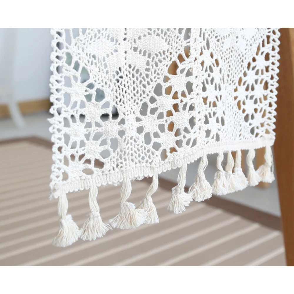 Beige Vintage Floral Lace Table Runner Tasseled Edges Cotton Crocheted Table Cloth Cover Hollow-out Dining Tabletop Decoration