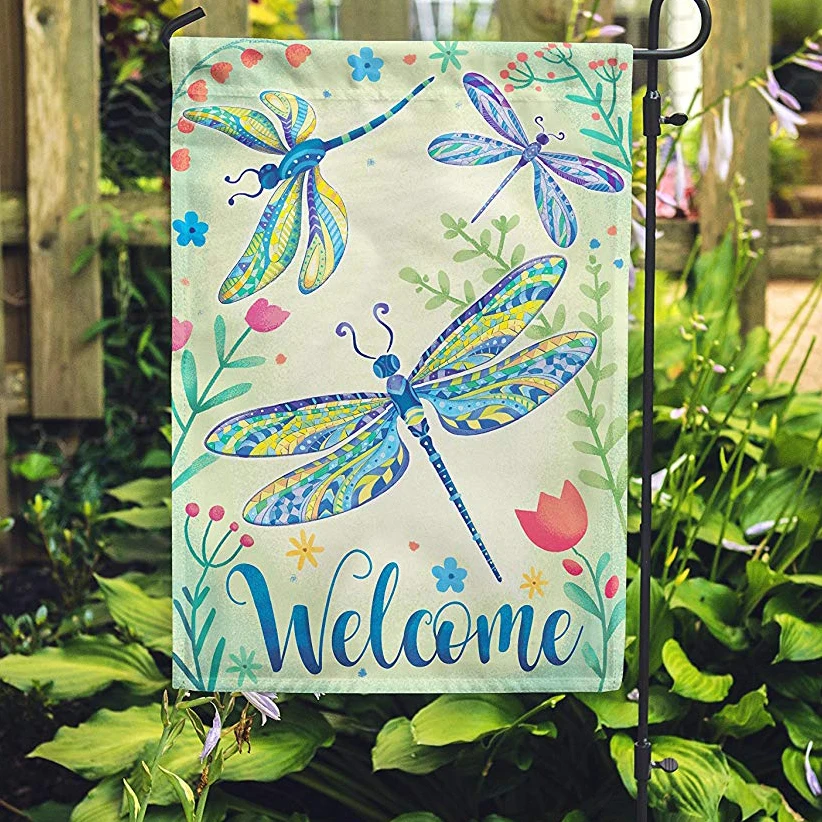 

Drop shipping custom garden flag ,100% polyester Dragonfly Welcome double sided printing 12" x 18" Inches Hello Summer Banner