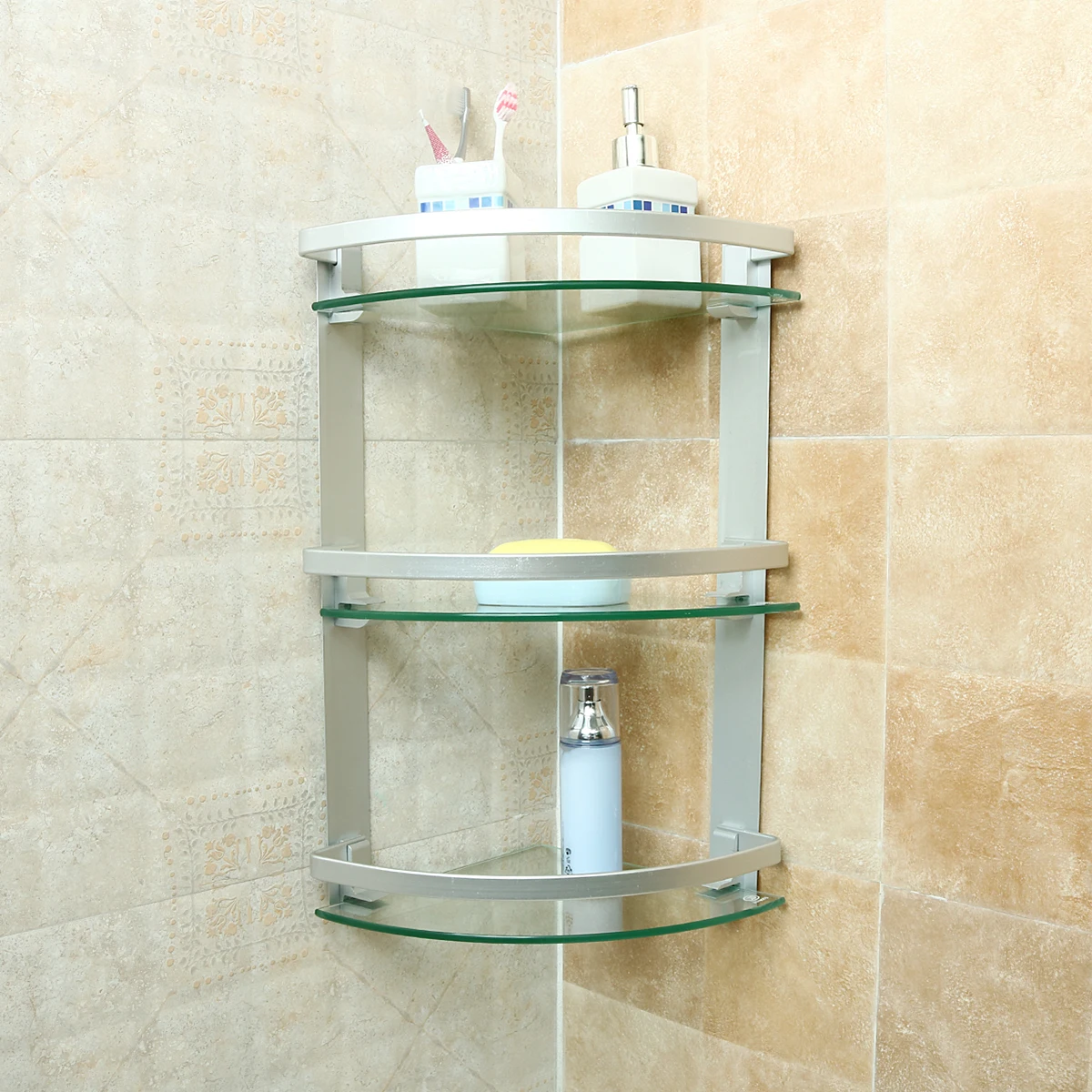 3 Tier Glass Bathroom Shower Caddy Corner Shelf Organizer 