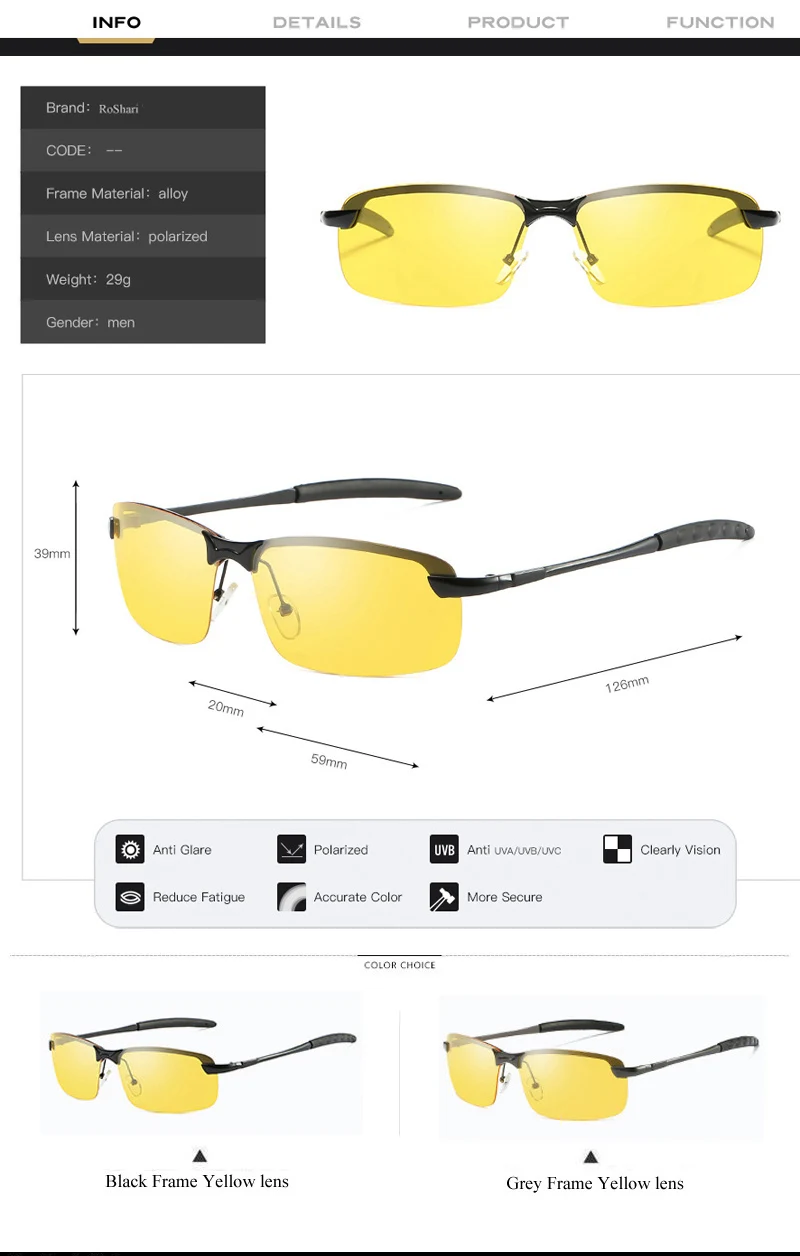 RoShari, Модные поляризованные солнцезащитные очки для мужчин, для вождения автомобиля, день, ночное видение, антибликовый поляризатор, солнцезащитные очки для мужчин, gafas de sol