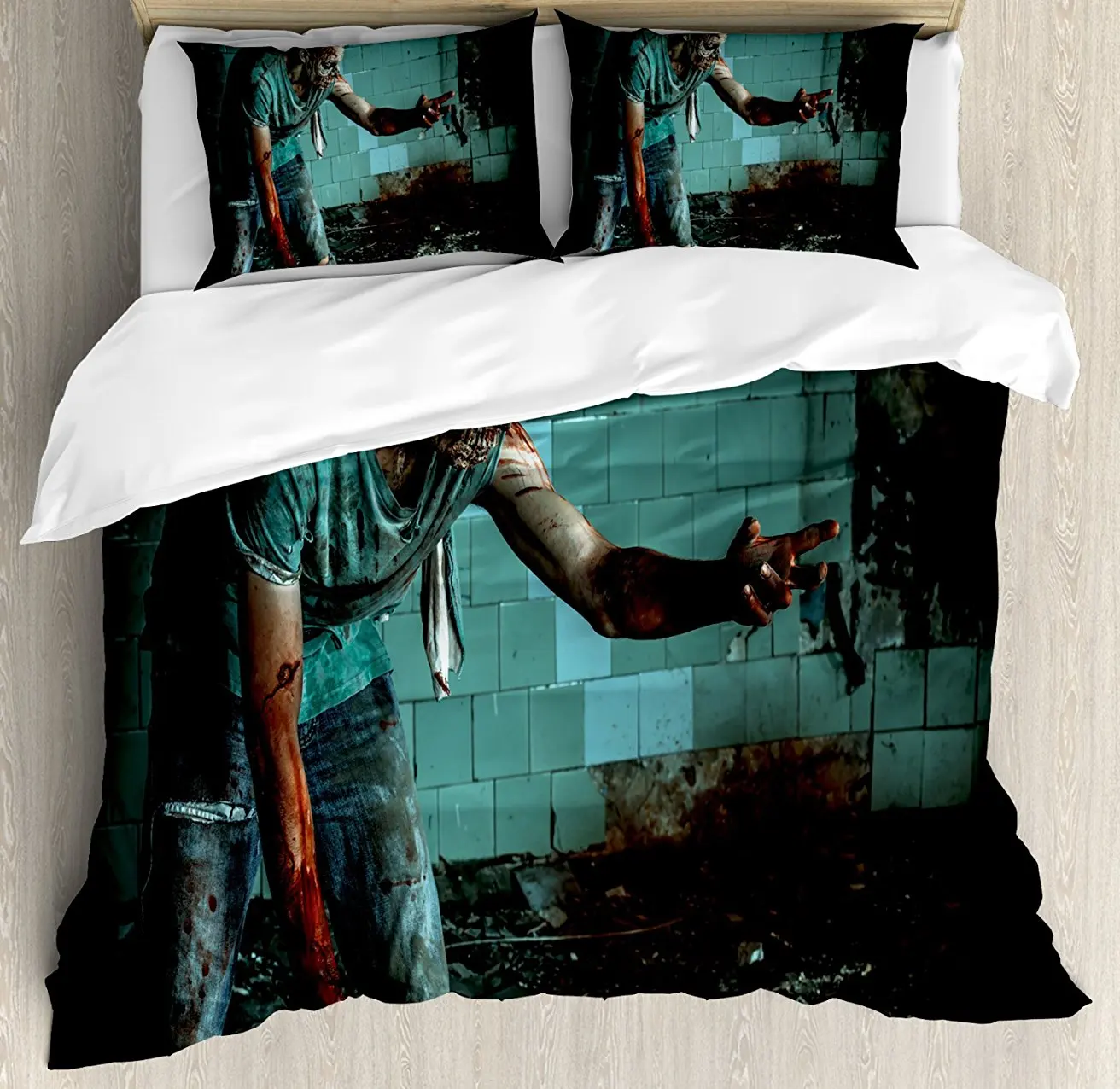 

Decor Duvet Cover Set , Dead Man in Old Abandoned House Nightmare Bloody Fantasy Art Scenery 4 Piece Bedding Set