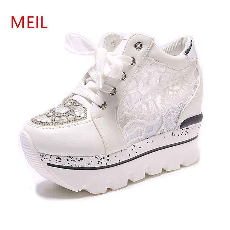 

Women Shoes 2018 Summmer Rhinestone Woman Platform Wedges Shoes Woman Lace-Up 10 Cm High Heels Height Increasing Wedge Sneakers