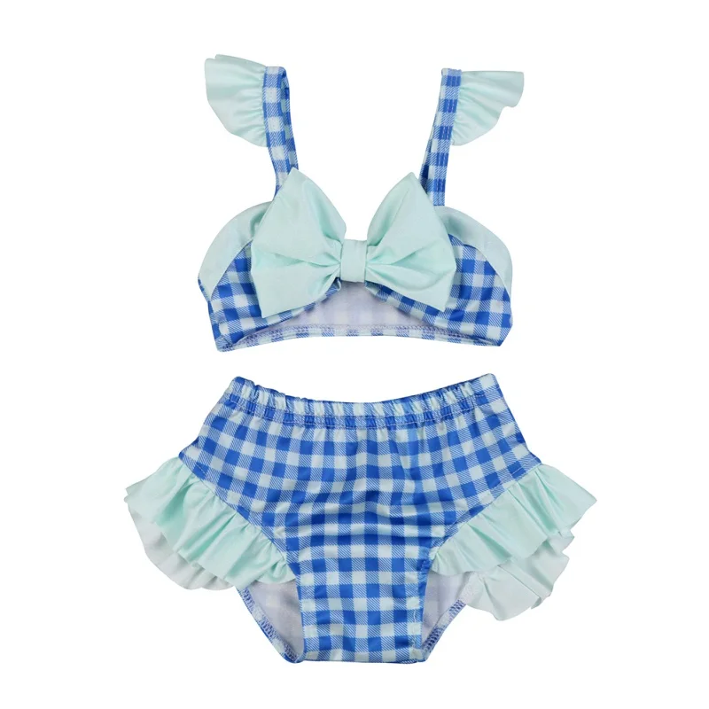 

Cute Baby Girl Swimwear Striped Swim Beach Set Bowknot Attached Blue Plaid Lovely Bikini Kids Tops Sunsuit 2017 New