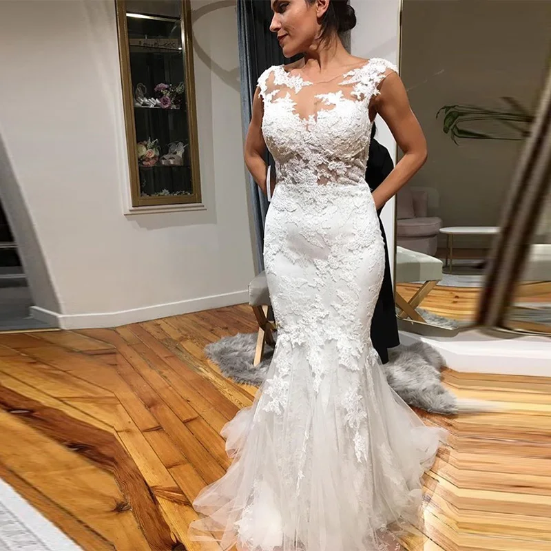 

Elegant Mermaid Wedding Dresses Illusion Bodice Scoop Neck Cap Sleeve Backless Sweep Train Full Length Boho Bridal Wedding Dress