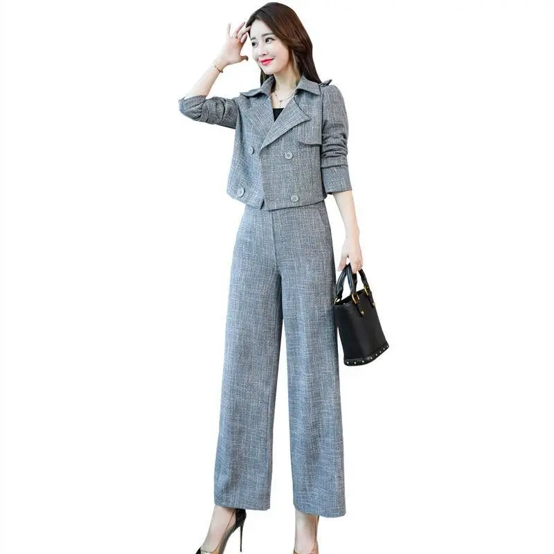 

New Spring Women OL 2 Piece Sets Female Double Breasted Jacket + High Waist Wide Leg Trousers Suits Ladies Vintage Solid Set F23