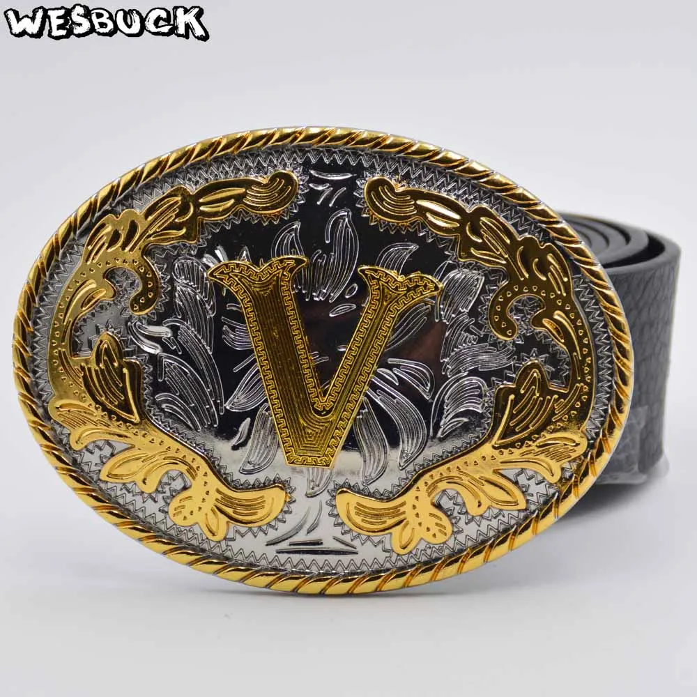 

5 PCS MOQ WesBuck Brand New High Quality 3D Lace Gold V Initial Letter Cowboy Buckle With Metal Fashion Men's PU Leather Belt